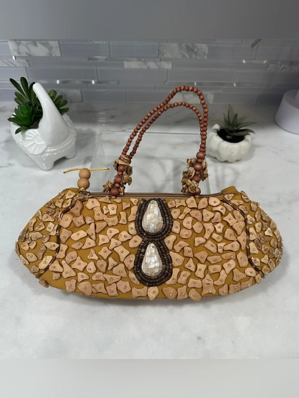 Sun & Sand Handcrafted Tan Mosaic Beaded Shoulder Bag